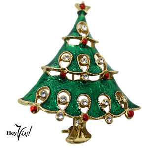Vintage Enamel and Rhinestone Christmas Tree Pin Holiday Brooch 2.25" - Hey Viv